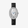The Cartier Baignoire Medium Model features an oval diamond-set bezel, white dial with black Roman numerals and blue hands, plus a black leather strap—embodying timeless elegance on a plain white background.