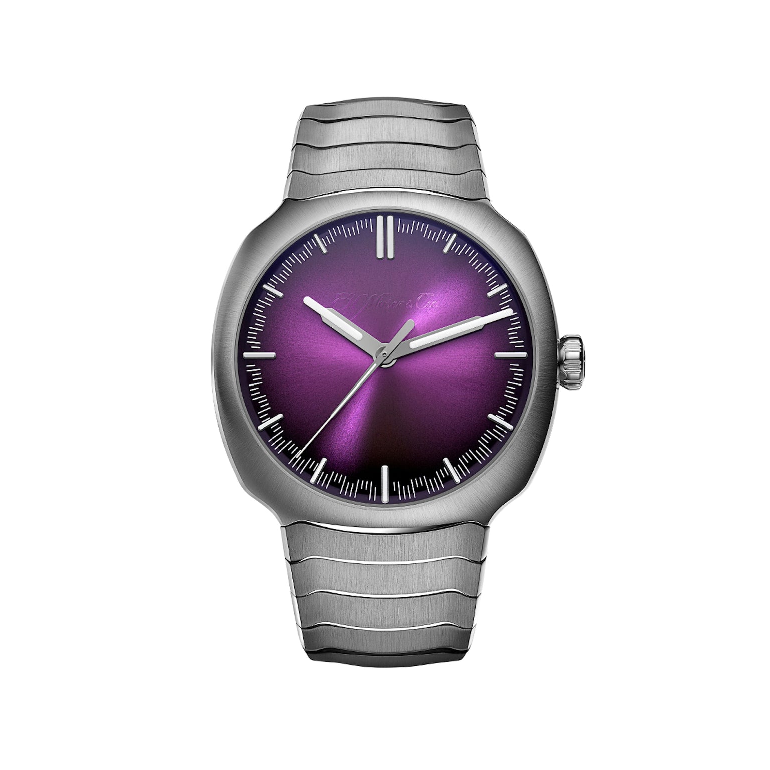 Wristwatch with purple dial and silver case on a white background