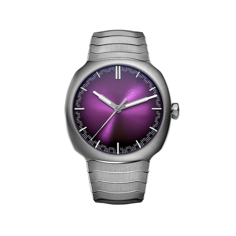 Wristwatch with purple dial and silver case on a white background