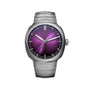 Wristwatch with purple dial and silver case on a white background