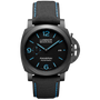 The Panerai Luminor Marina Carbotech™ is a black automatic watch with a round dial, blue numerals and markers, date at 3 o’clock, black strap with blue stitching, P.9010 calibre movement, and a 3-day power reserve.