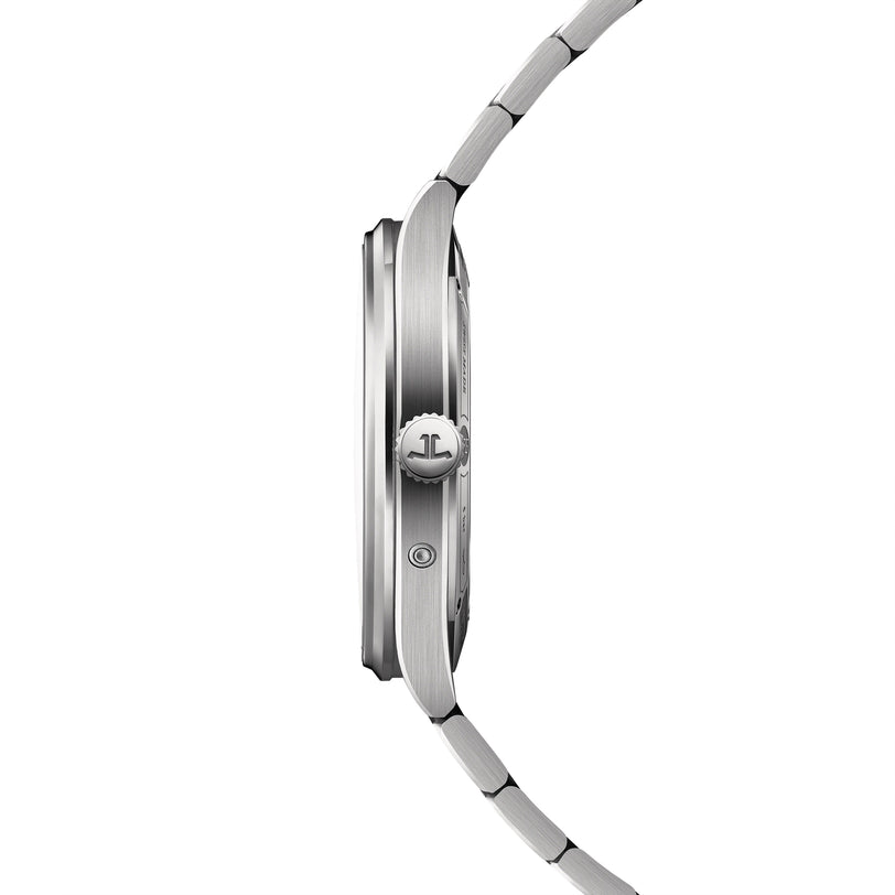 Silver-toned watch with brushed metal case and bracelet, shown from the side profile view.