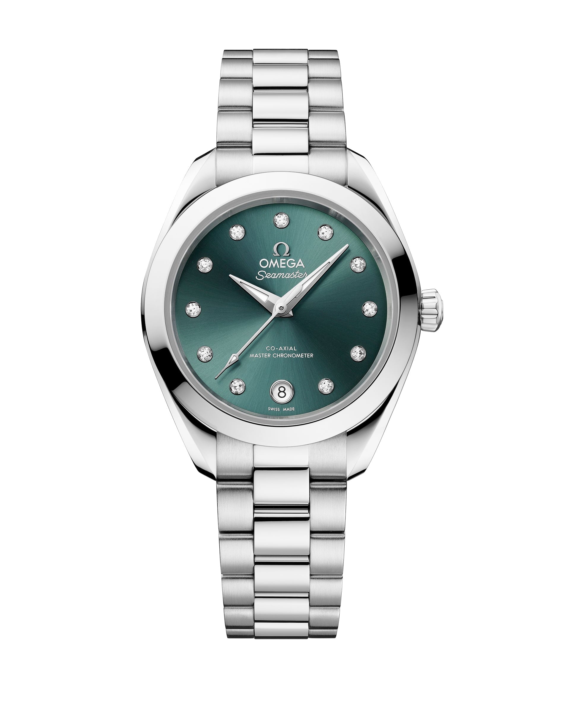 The OMEGA Seamaster Aqua Terra 150M features a metallic strap, pine green dial, diamond hour markers, and a date window at 6 o’clock—a sleek Co-Axial Master Chronometer with modern appeal.