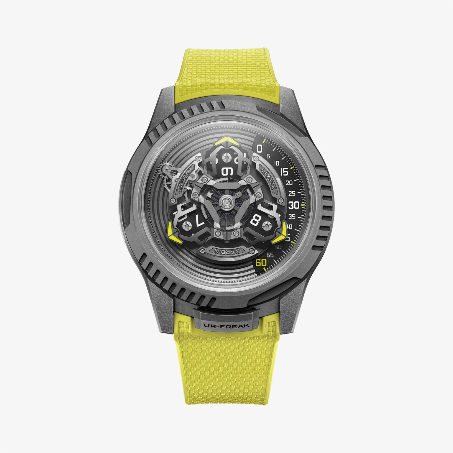 The Ulysse Nardin UR-FREAK is a futuristic wristwatch with a complex exposed mechanical dial, grey metallic case, and bright yellow textured strap, shown on a plain white background.