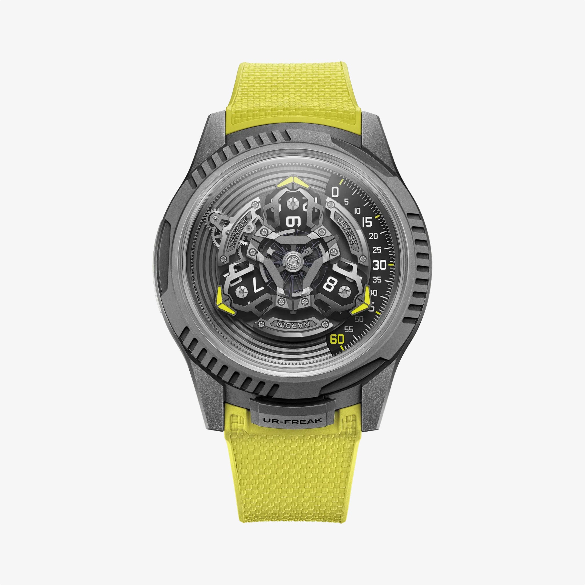 The Ulysse Nardin UR-FREAK is a futuristic wristwatch with a complex exposed mechanical dial, grey metallic case, and bright yellow textured strap, shown on a plain white background.