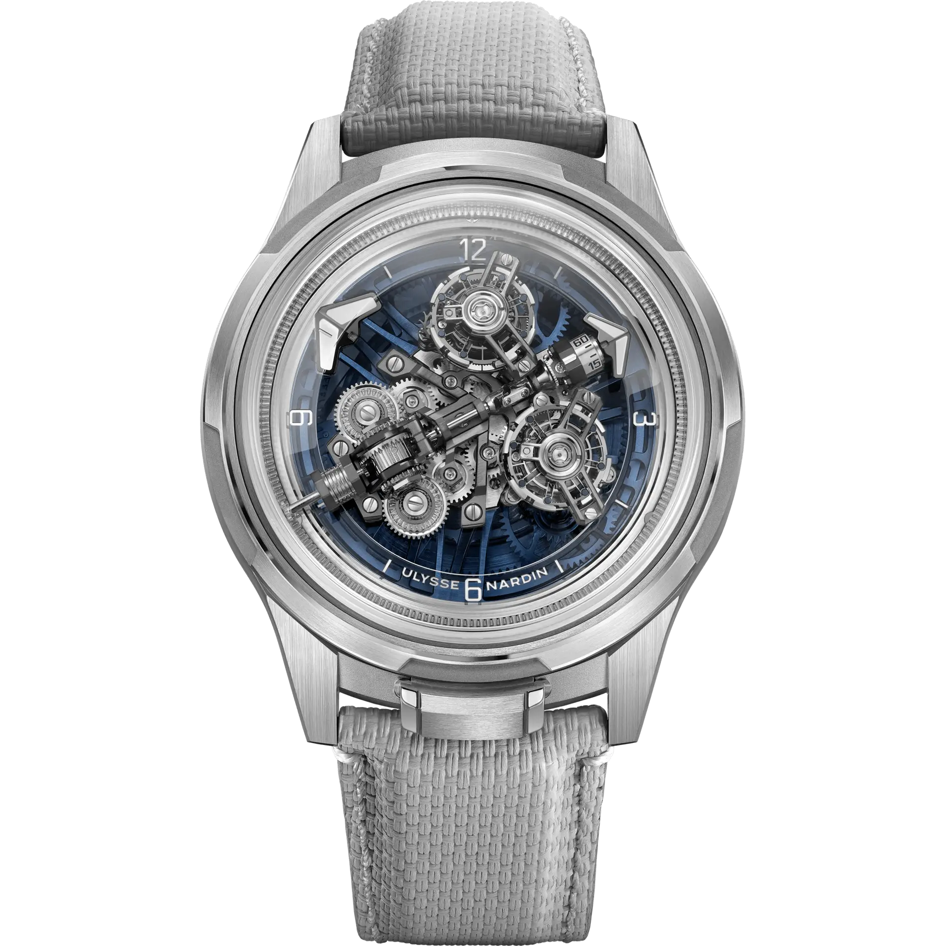 Mechanical watch with gray strap and transparent face on white background
