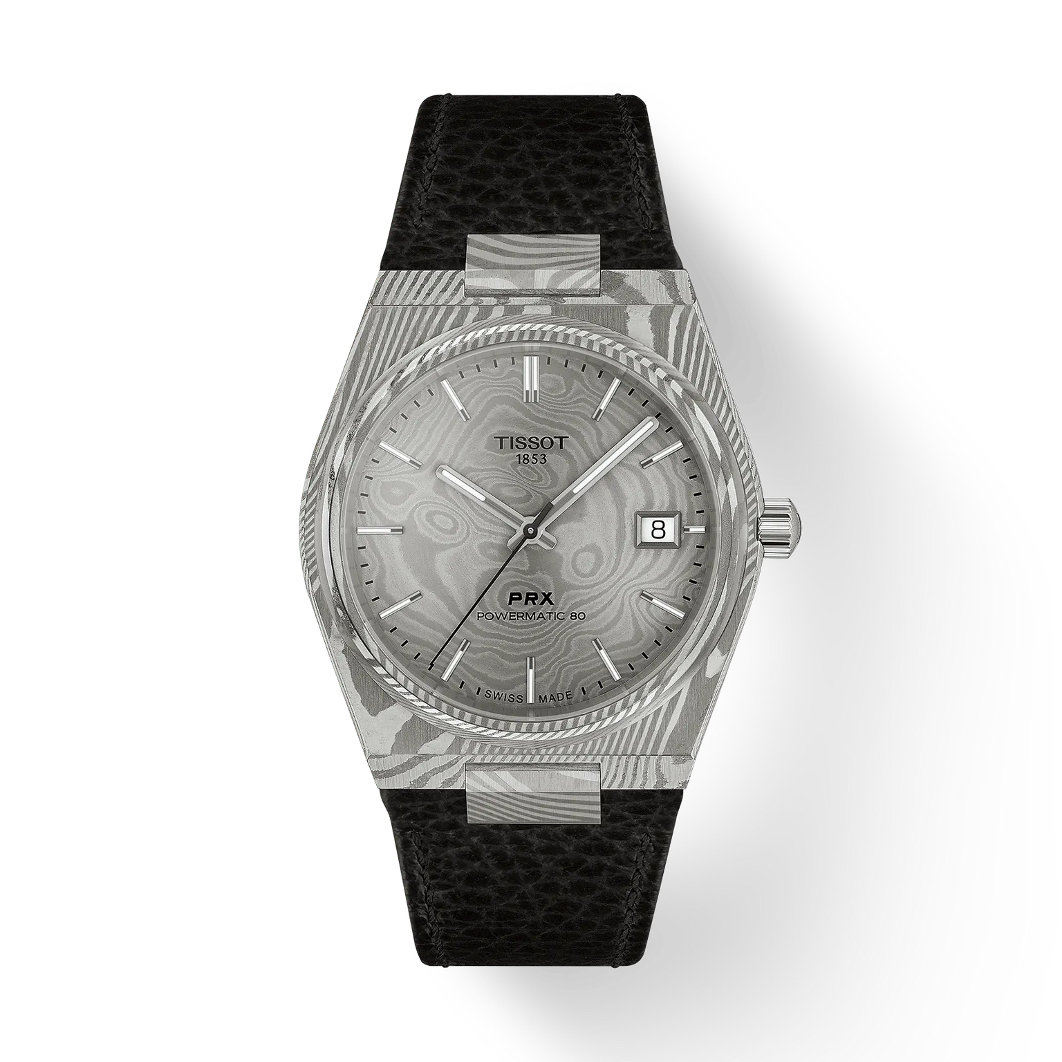 The Tissot PRX 38 features a silver case, patterned dial, date window at 3 o’clock, silver hour markers, and a black textured leather strap—an elegant choice for any Tissot enthusiast.