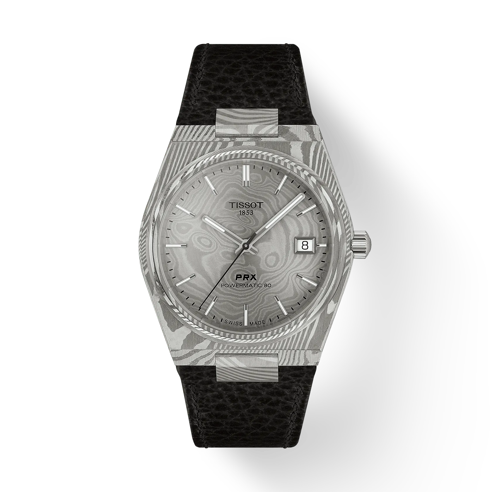 The Tissot PRX 38 features a silver case, patterned dial, date window at 3 o’clock, silver hour markers, and a black textured leather strap—an elegant choice for any Tissot enthusiast.