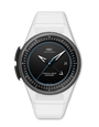White wristwatch with black dial featuring IWC branding on a white background