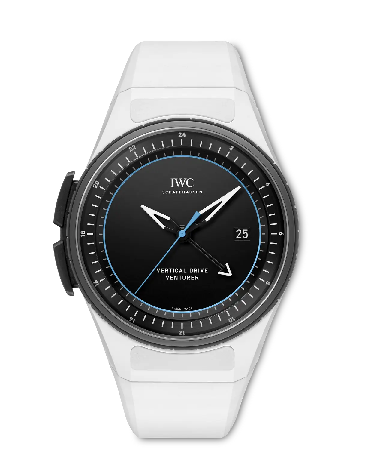 White wristwatch with black dial featuring IWC branding on a white background