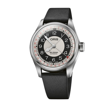 Oris stainless steel watch with black dial, Arabic numerals, date window, and black leather strap.