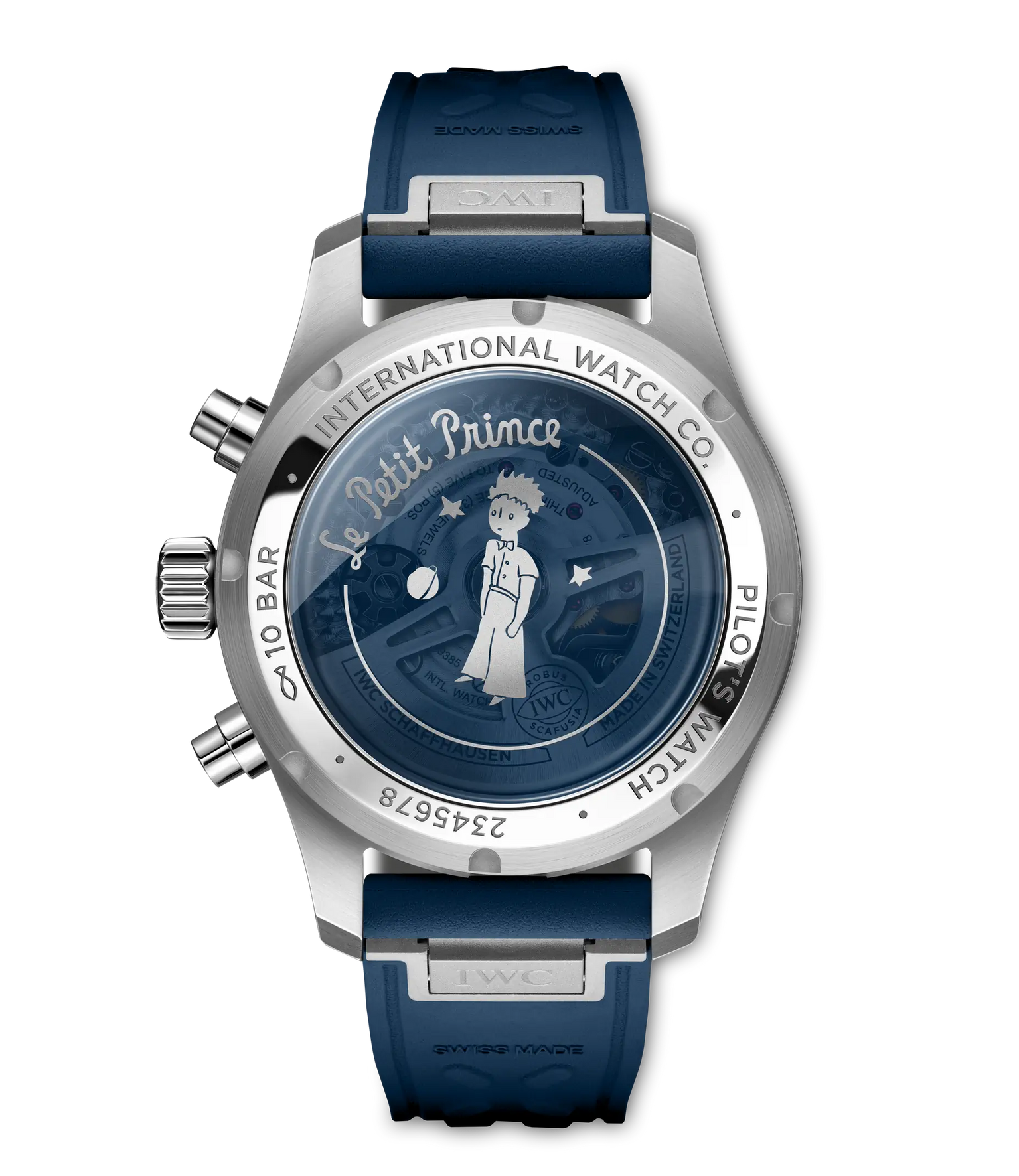 Stainless steel chronograph watch with dark blue dial featuring Le Petit Prince illustration, blue rubber strap, and pushers 