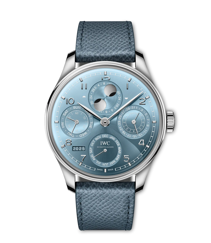 The IWC Schaffhausen Portugieser Perpetual Calendar 44 is a luxury watch with a blue leather strap, blue dial, multiple subdials, date indicators, and moon phase display for sophisticated elegance on your wrist.