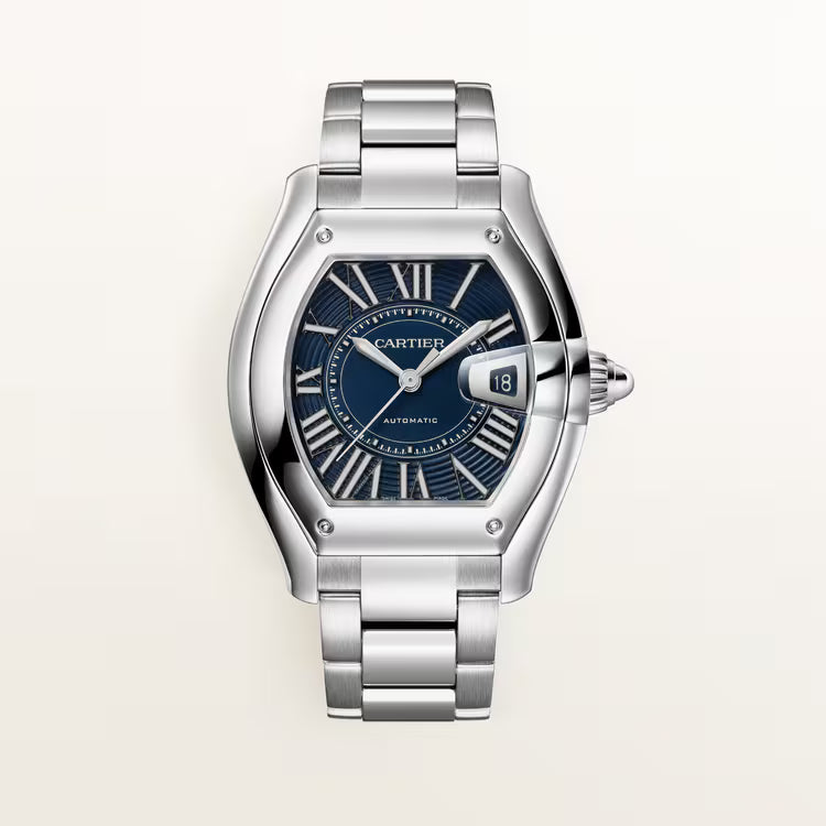 Silver stainless steel watch with dark blue dial, Roman numerals, date window, and matching metal bracelet.
