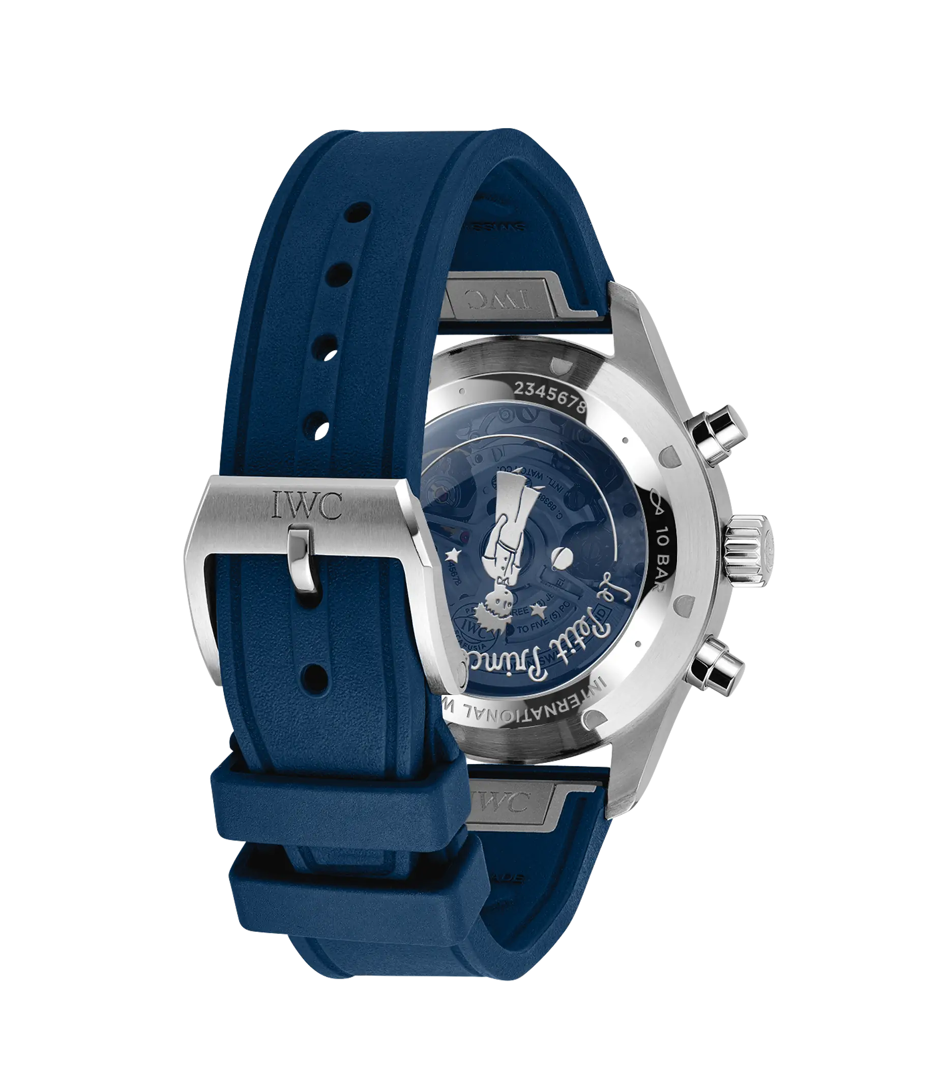 IWC pilot's chronograph with dark blue dial, stainless steel case, and blue rubber strap with metal clasp.