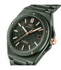 Dark gray ceramic watch with rose gold hour markers and hands, black textured dial, date window, and matching bracelet.