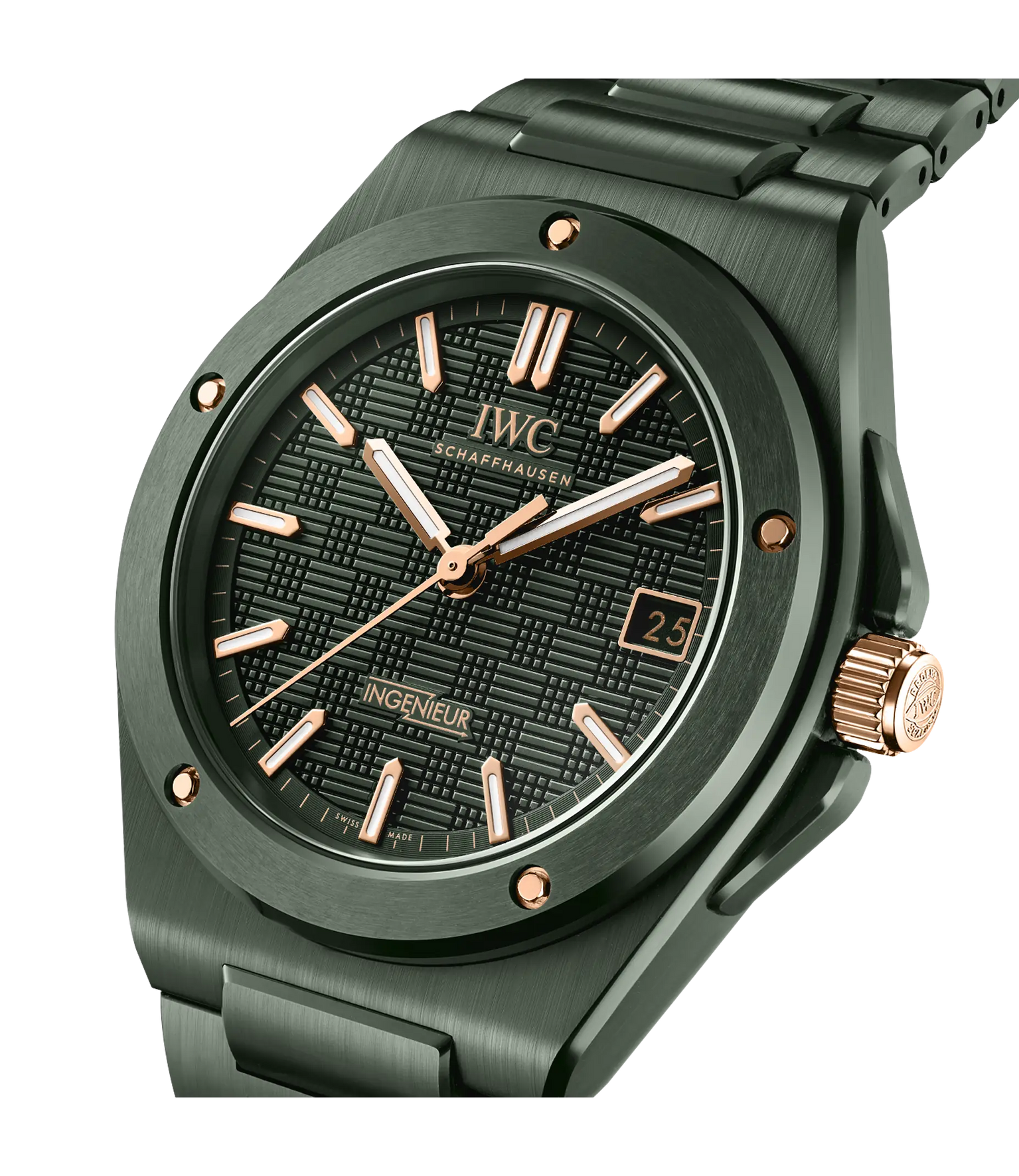 Dark gray ceramic watch with rose gold hour markers and hands, black textured dial, date window, and matching bracelet.