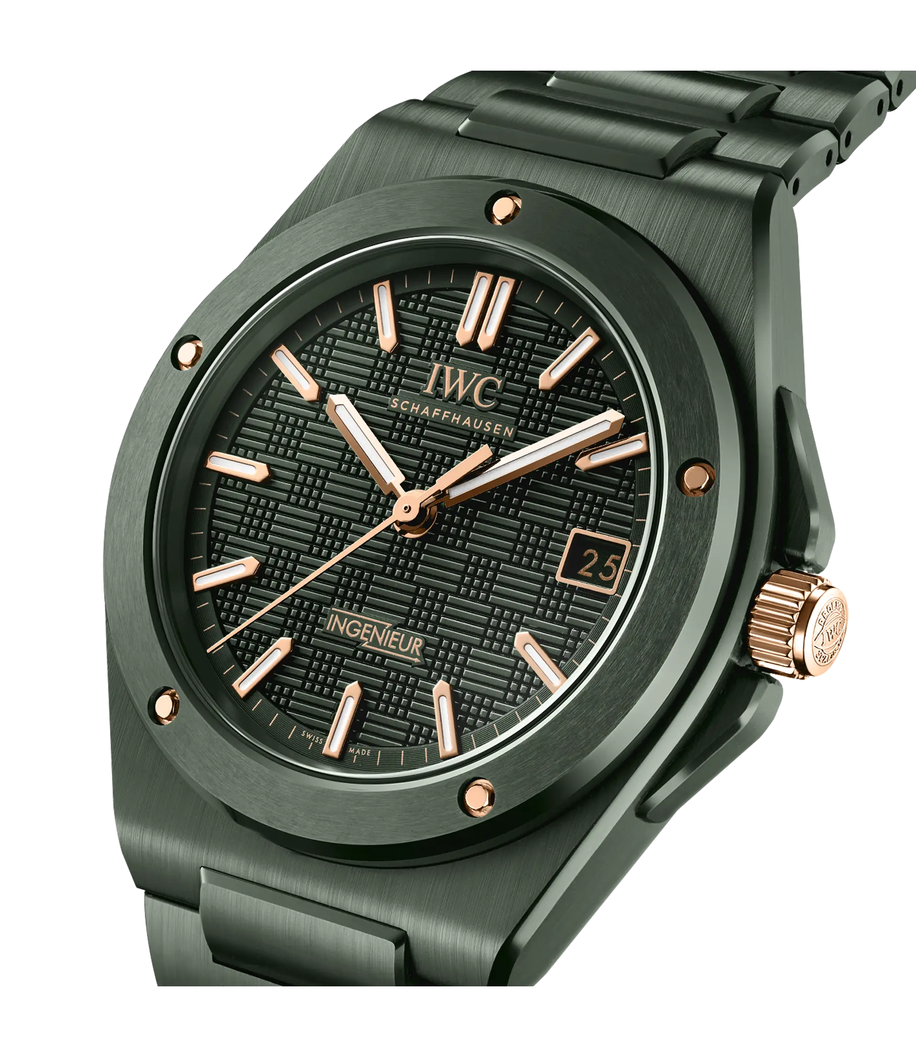 Dark gray ceramic watch with rose gold hour markers and hands, black textured dial, date window, and matching bracelet.