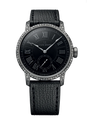 Black watch with detailed case and black leather strap on a white background