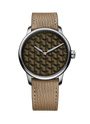 Watch with brown leather strap and geometric patterned dial on a white background