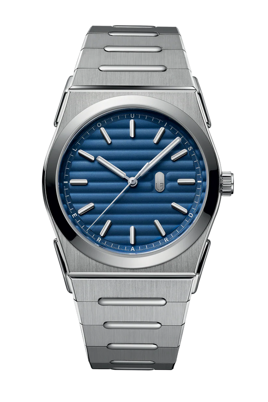 Silver watch with a blue face on a white background
