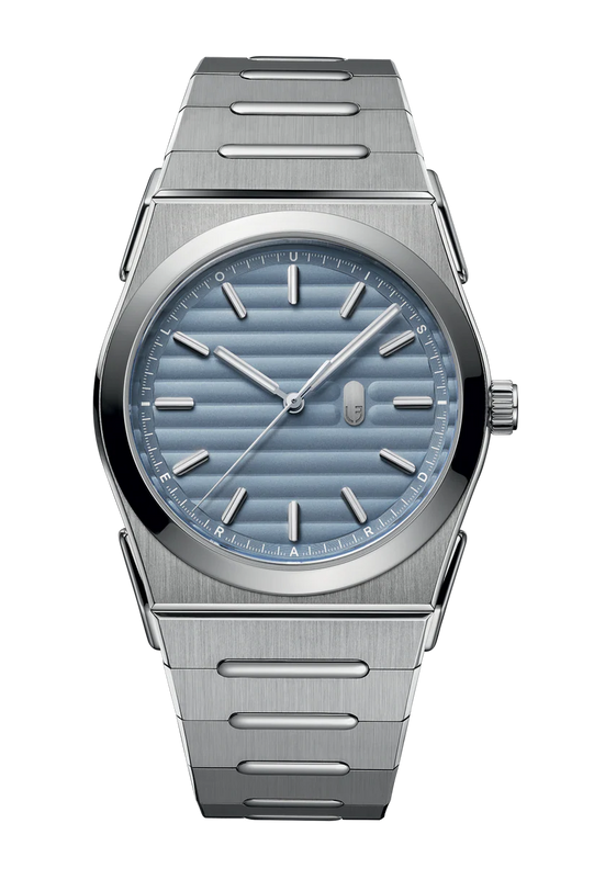 Silver watch with a blue gradient dial on a white background