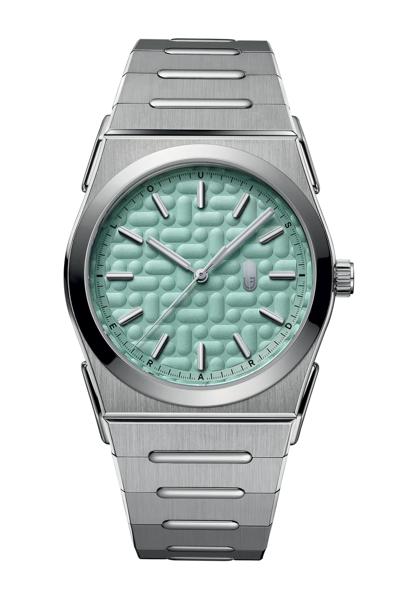 Silver watch with a green textured face on a white background