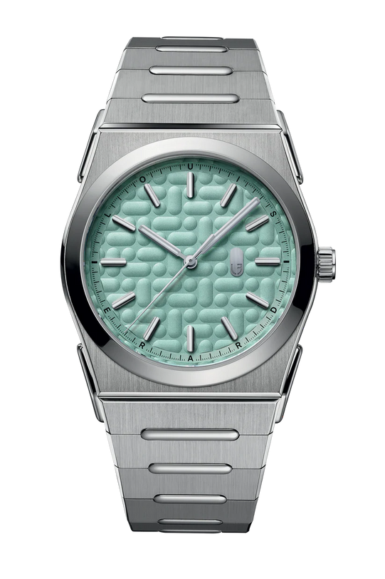 Silver watch with a green textured face on a white background