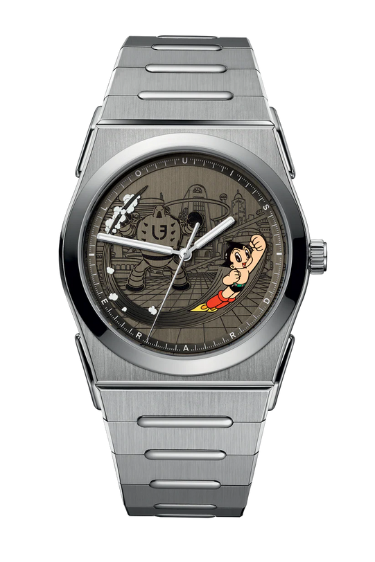 Silver watch with a unique face featuring a cartoon character on a white background