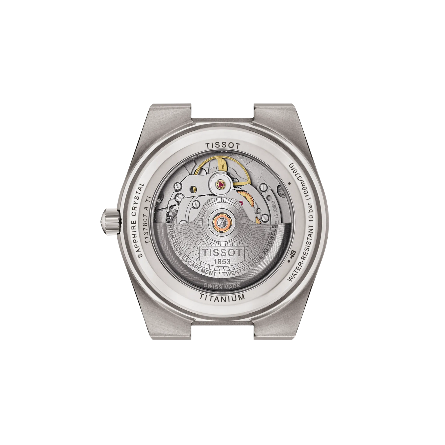 Close-up of the back of the Tissot PRX 38, showcasing its see-through caseback marked Sapphire Crystal, Titanium, and Water Resistant, as well as its intricate automatic movement with an 80-hour power reserve.