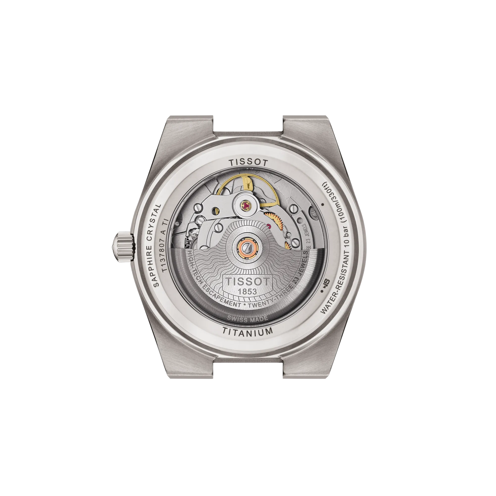 Close-up of the back of the Tissot PRX 38, showcasing its see-through caseback marked Sapphire Crystal, Titanium, and Water Resistant, as well as its intricate automatic movement with an 80-hour power reserve.