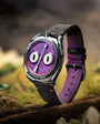 Watch with a purple strap and unique face design on a natural background