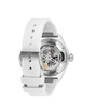 Steel watch with white rubber strap and skeleton dial showing perpetual calendar mechanism with exposed movement.