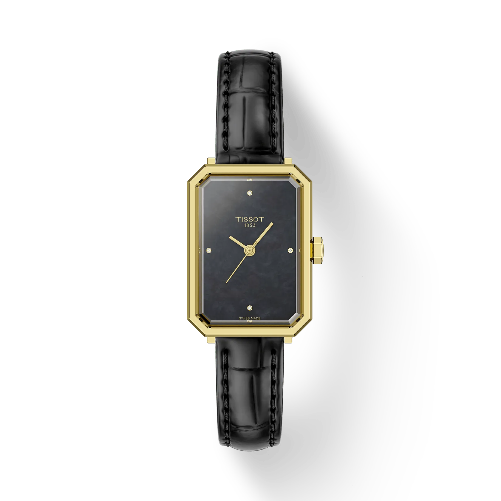 The Tissot SRV 30mm features a gold-tone rectangular case, black marbled dial with gold hour markers, sapphire glass, and a black leather strap, shown against a plain white background.