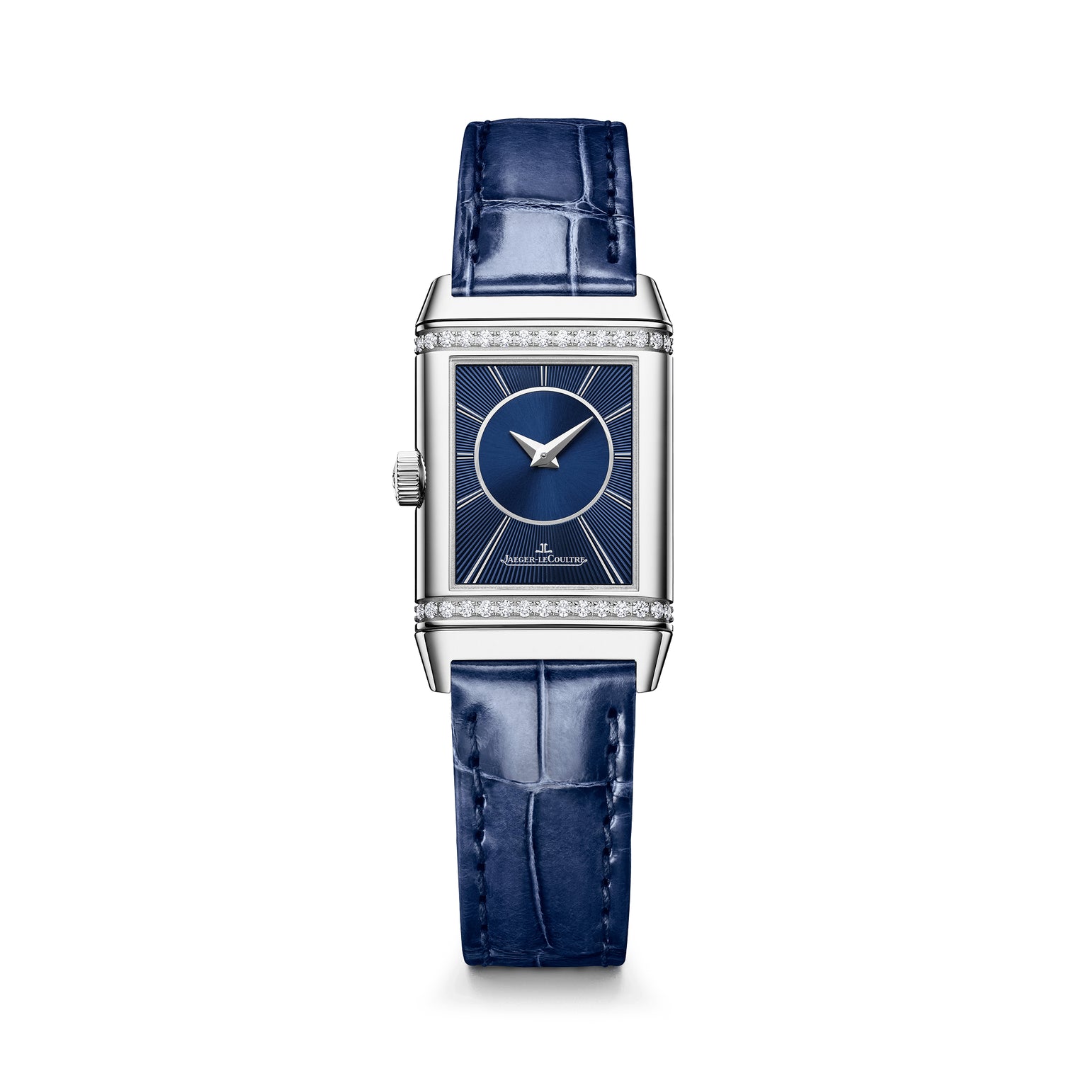 Rectangular silver watch with diamond bezel, blue dial, white hands, and blue alligator leather strap.