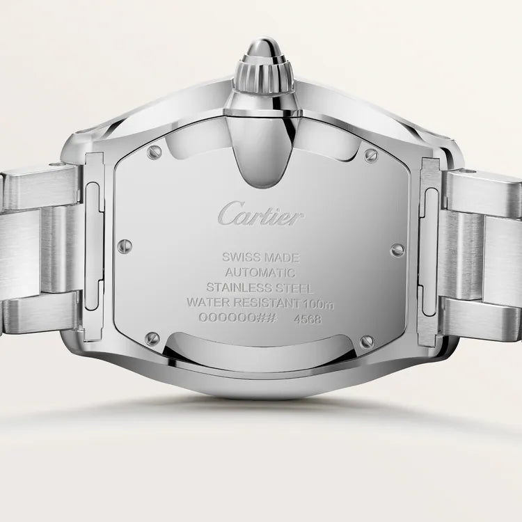 Cartier Roadster stainless steel watch back showing Swiss made automatic movement and water resistant 100m specification.