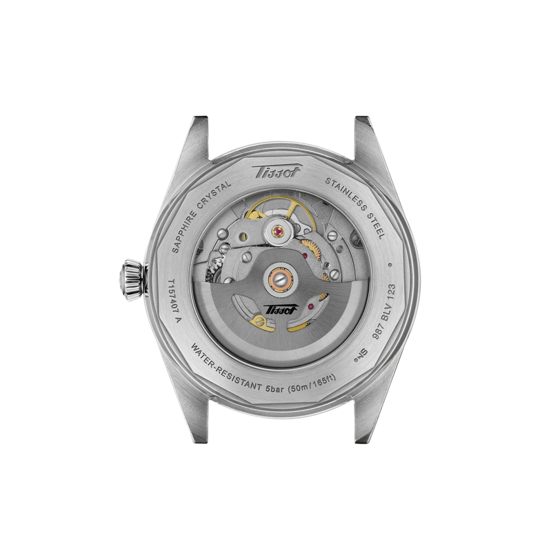 Stainless steel watch case back showing visible automatic movement with gold and silver components, water resistant to 50m.