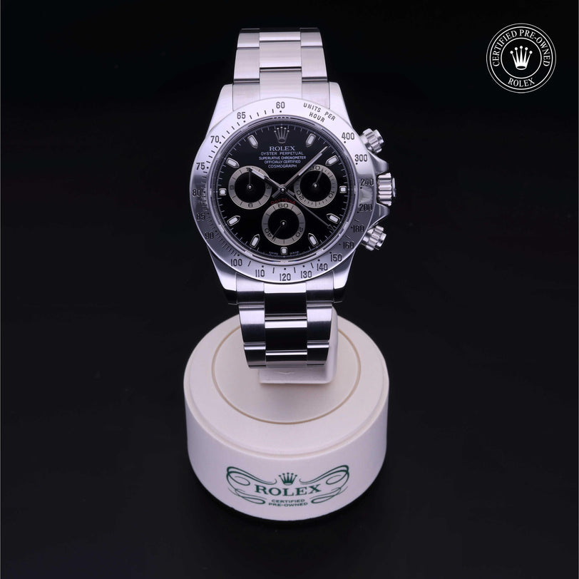 Rolex Certified Pre-owned Daytona M116520-0009 front on black background