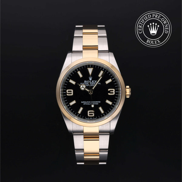 Rolex Certified Pre-owned Explorer M124273-0001 front on black background