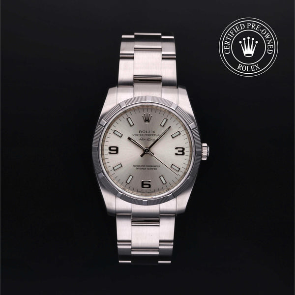 Rolex Certified Pre-owned Air-King M114210-0004 front on black background