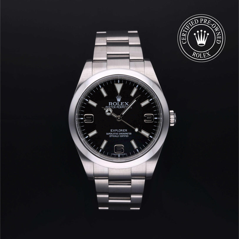 Rolex Certified Pre-owned Explorer M214270-0001 front on black background