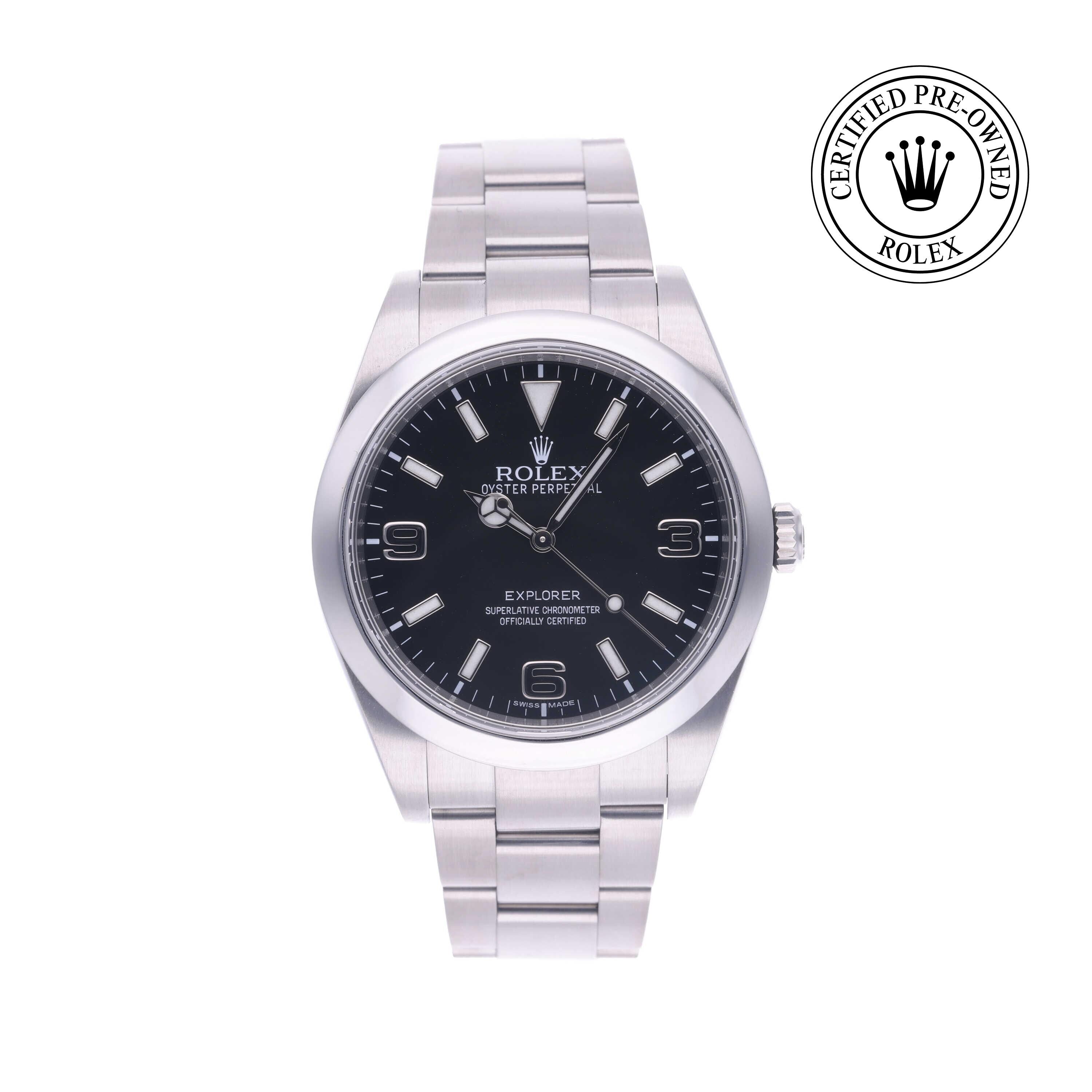 Rolex Certified Pre-owned Explorer M214270-0001 front on white background