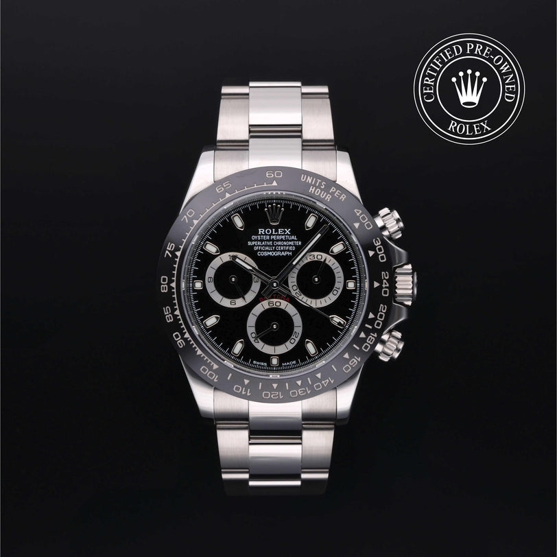 Rolex Certified Pre-owned Daytona M116500LN-0002 front on black background