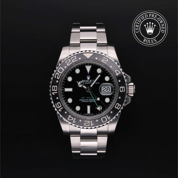 Rolex Certified Pre-owned GMT M116710LN-0001 front on black background