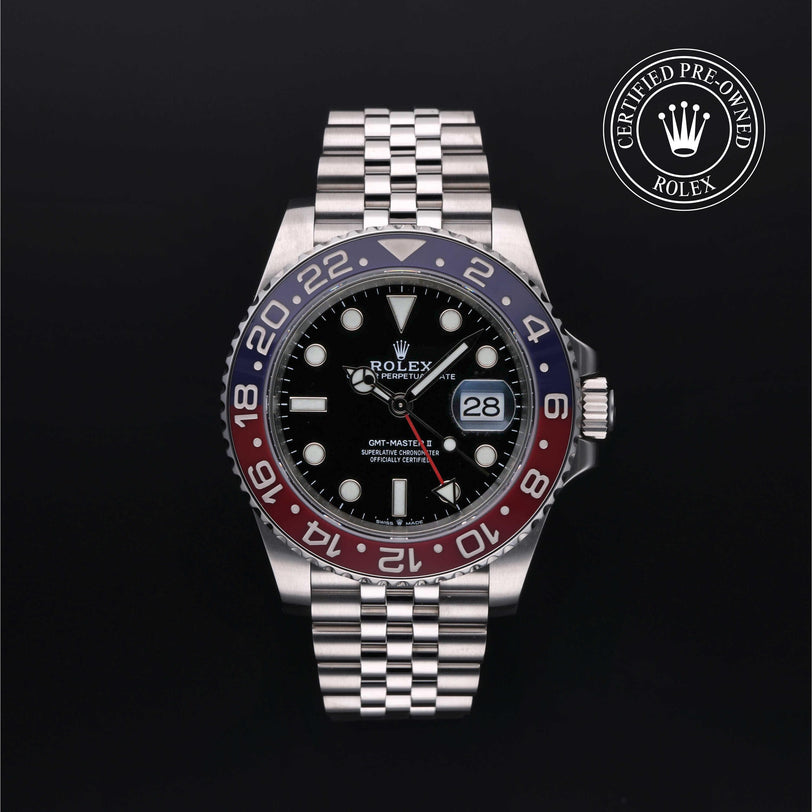 Rolex Certified Pre-owned GMT M126710BLRO-0001 front on black background