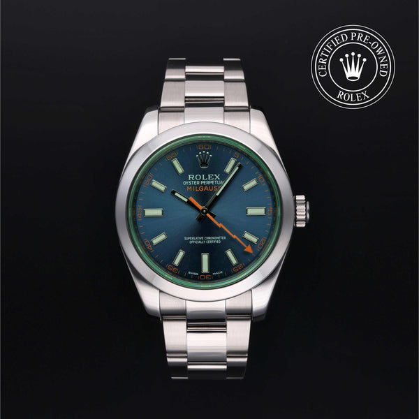 Rolex Certified Pre-owned Milgauss M116400GV-0002 front on black background