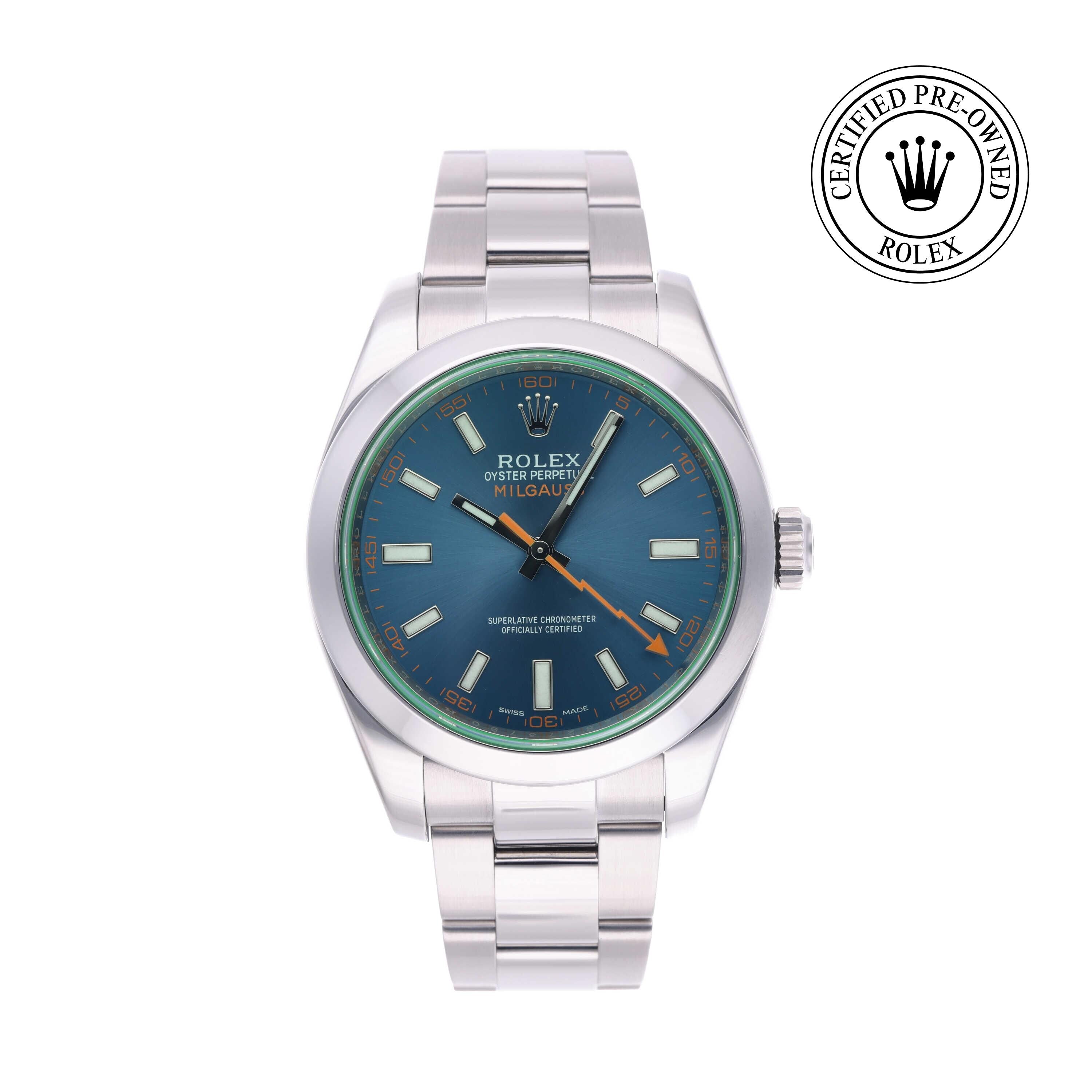 Rolex Certified Pre-owned Milgauss M116400GV-0002 front on white background