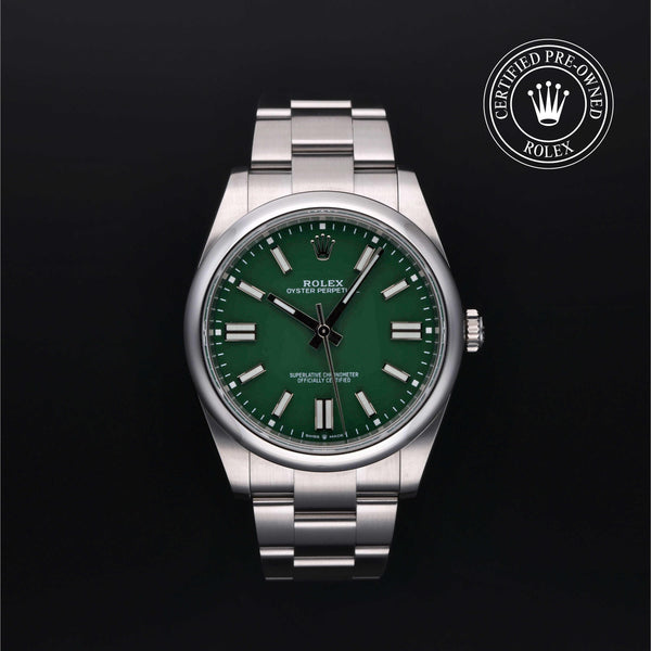 Rolex Certified Pre-owned Oyster Perpetual M124300-0005 front on black background