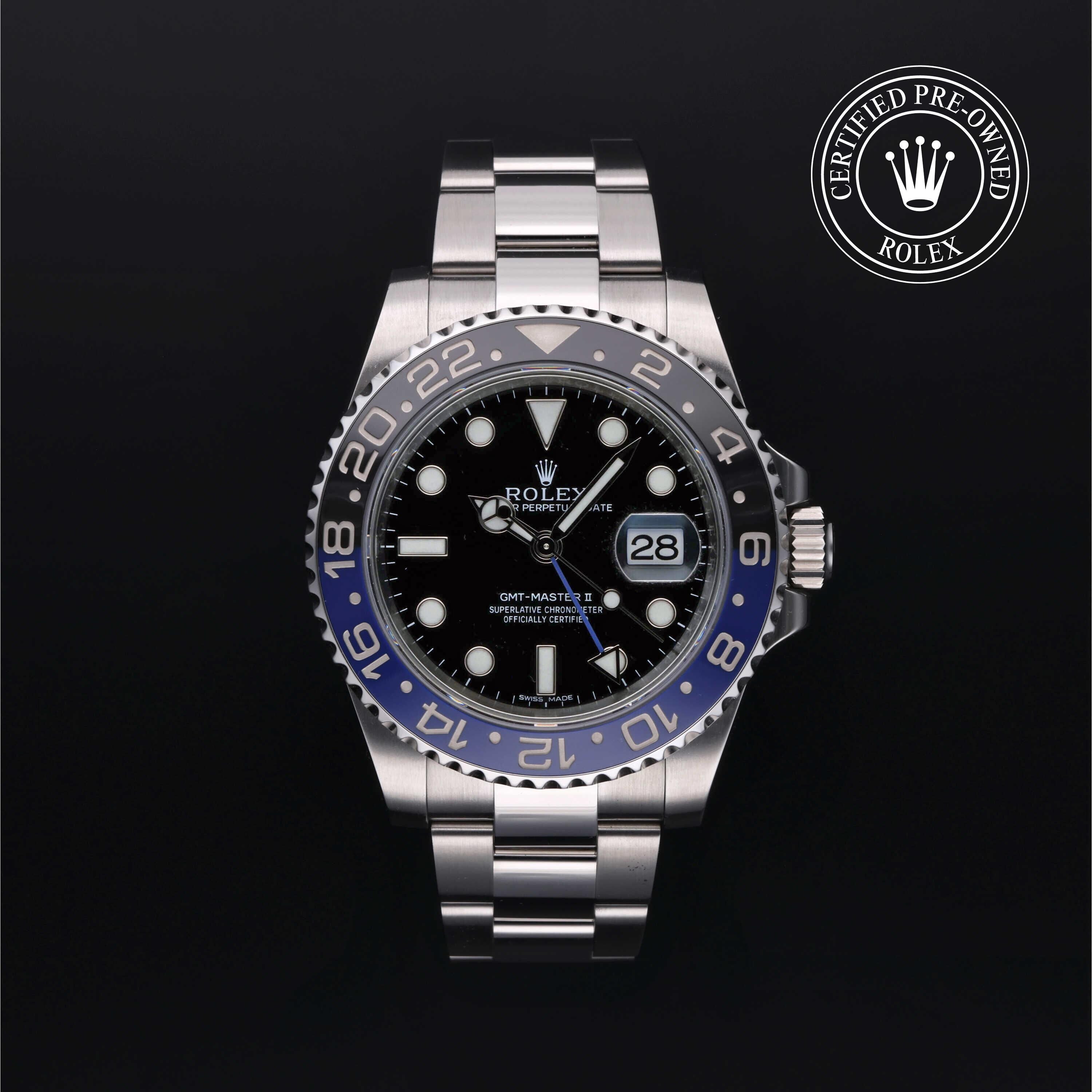 Rolex Certified Pre-owned GMT M116710BLNR-0002 front on black background