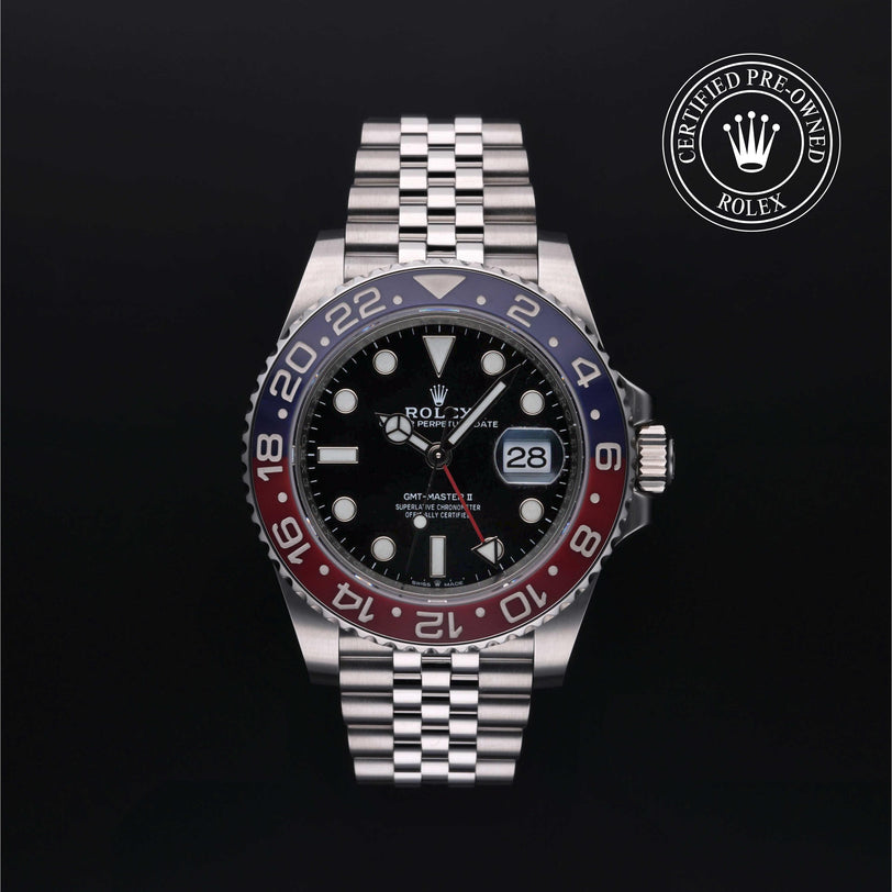 Rolex Certified Pre-owned GMT M126710BLRO-0001 front on black background